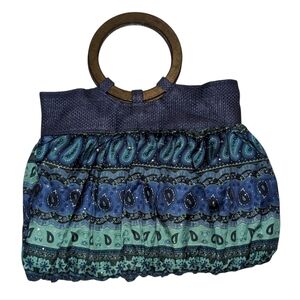 Woven Straw Fabric Blue Green Paisley Handbag Wood Ring Handles Snap Close NWOT